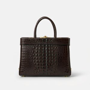 Deep chocolate alligator leather top-handle handbag with a gold clasp