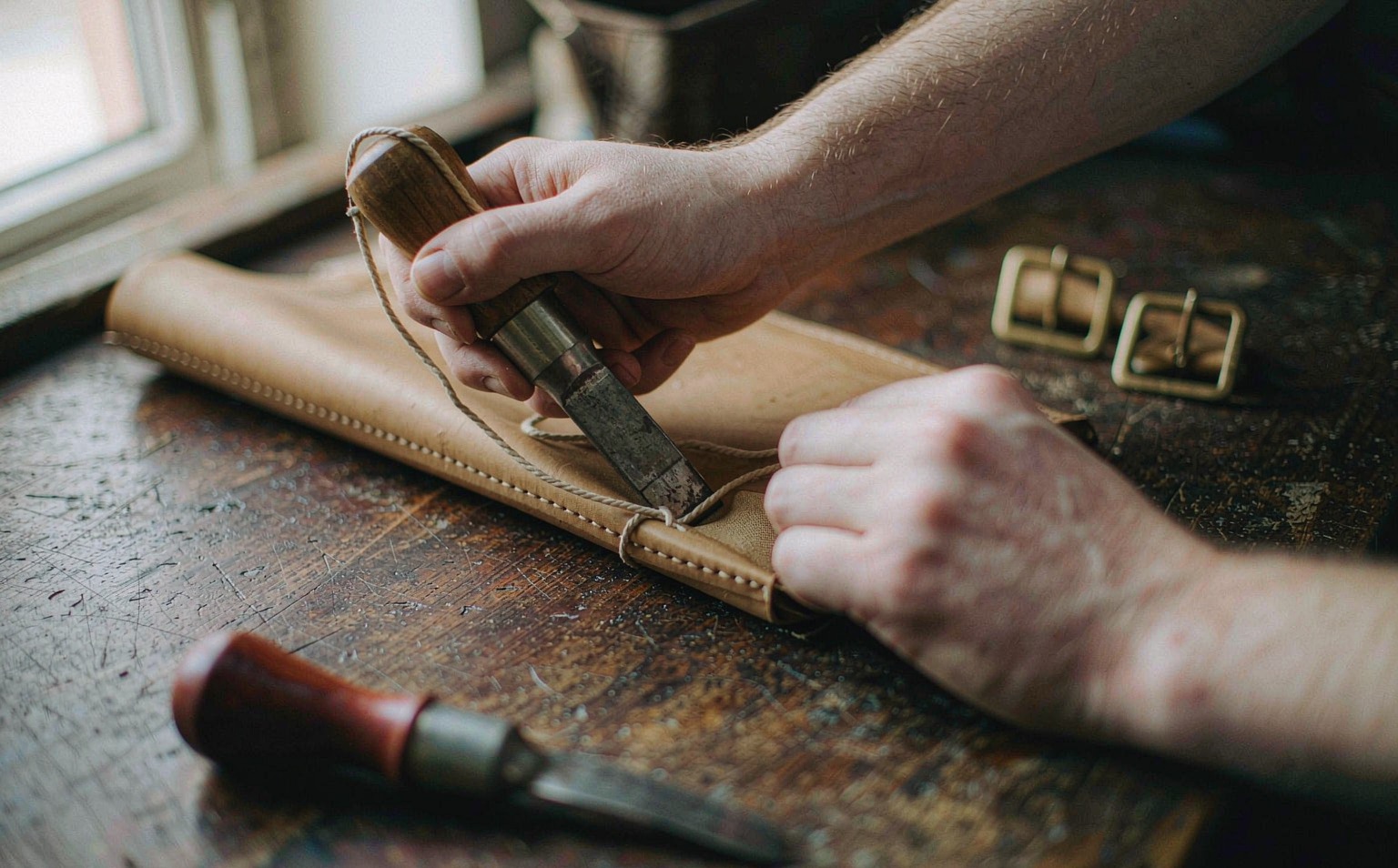 An artisan saddle-stitching a tan leather bag panel with waxed thread on a wooden workbench
