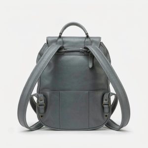 Slate-grey full-grain leather city backpack with a flap and drawstring closure