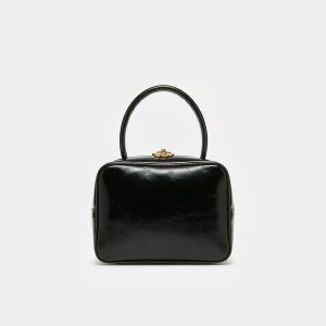 Compact black polished calf leather top-handle handbag with a polished gold turn-lock