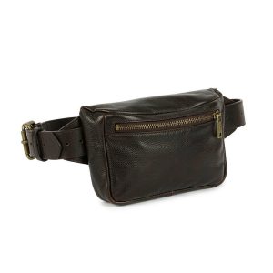 Dark espresso vegetable-tanned leather belt bag with a wide adjustable strap